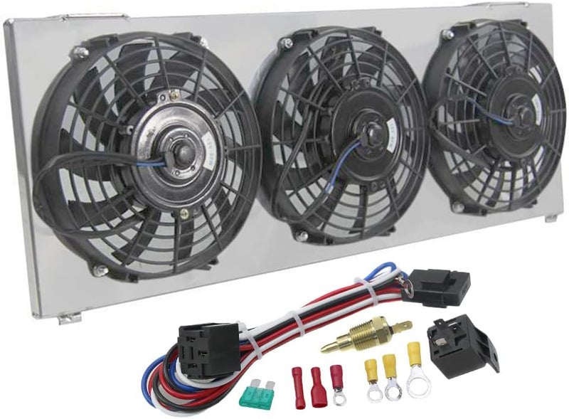 Cooling Care غطاء رادياتير من الألمنيوم متوافق مع رادياتير جيب شيروكي XJ من 1984 إلى 2001، غطاء ألمنيوم + مروحة 9 بوصة (3 قطع) + مجموعة ريلاي - Image 1